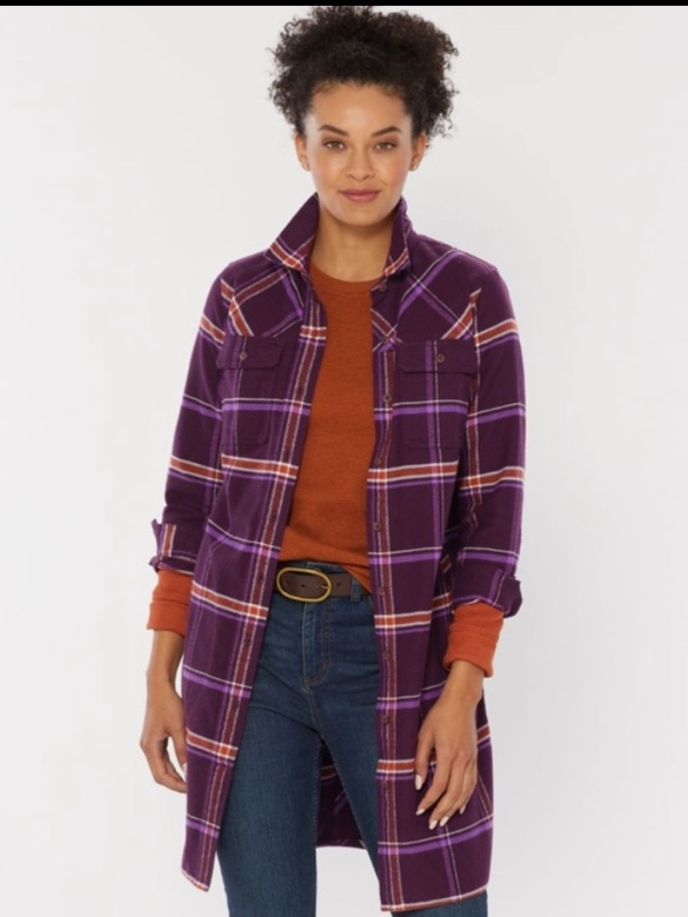 Duluth Trading Co Purple Plaid Utility Jacket Duster pocketed NWOT
